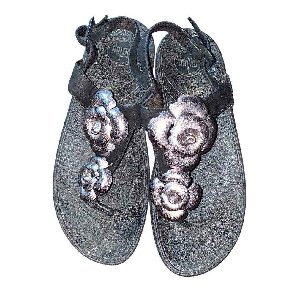 FitFlop Sandals Women 8 Floretta Black Suede Pewter Lavender Flower Slingback